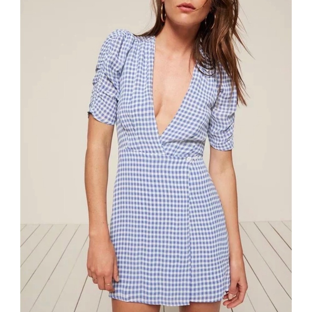 New Reformation Lorena Mini Dress Check Gingham Picnic Blue White Women Small